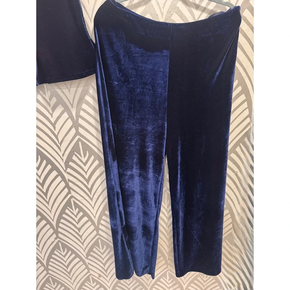 Petal&Pup Sutton Navy Velvet Two Piece Strapless Peplum Top Wide Leg Pants XL